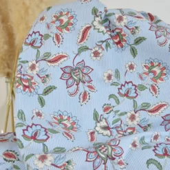 Tissu cretonne coton Panji fleurs et rayures ecru et bleu - OEKO TEX
