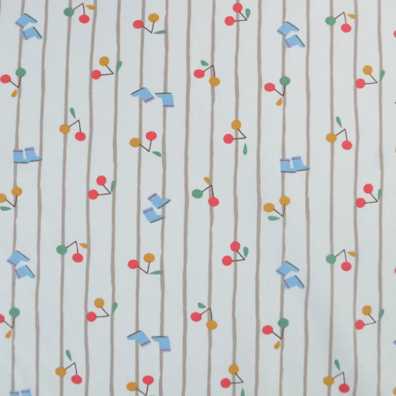 Tissu cretonne coton Patati motif cerises et bottes fond à rayures - OEKO TEX