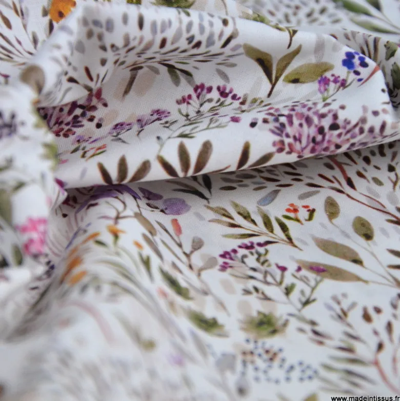 Tissu cretonne coton Poaces fleurs sauvages lilas et vert - OEKO TEX