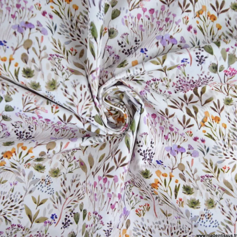 Tissu cretonne coton Poaces fleurs sauvages lilas et vert - OEKO TEX