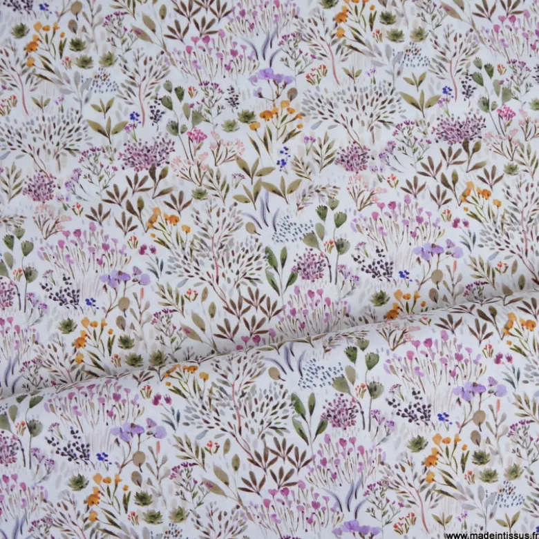 Tissu cretonne coton Poaces fleurs sauvages lilas et vert - OEKO TEX