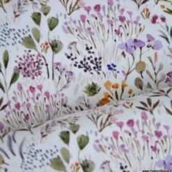 Tissu cretonne coton Poaces fleurs sauvages lilas et vert - OEKO TEX