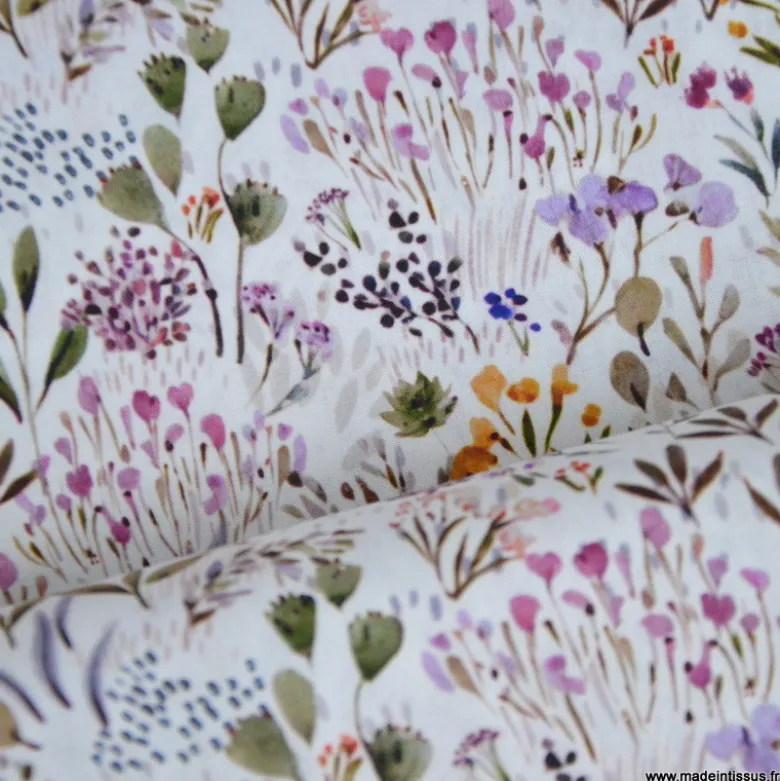 Tissu cretonne coton Poaces fleurs sauvages lilas et vert - OEKO TEX