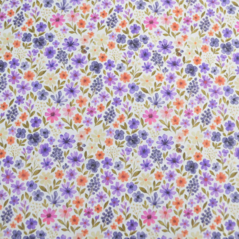 Tissu cretonne coton Rozenn motif fleurs violettes -OEKO TEX