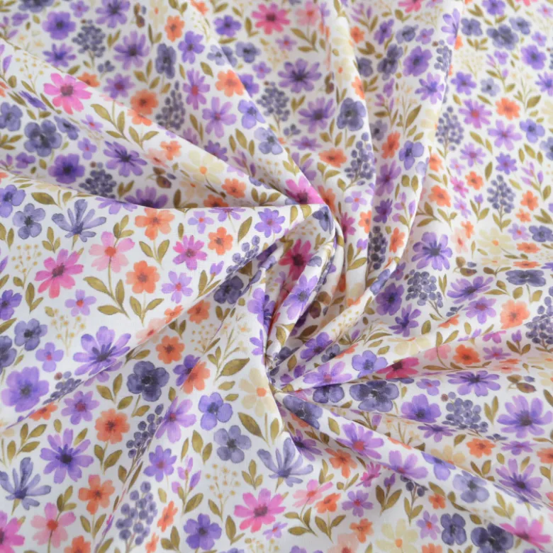 Tissu cretonne coton Rozenn motif fleurs violettes -OEKO TEX