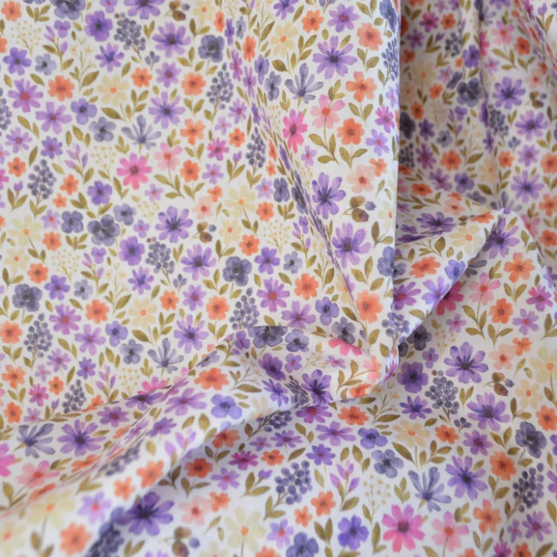Tissu cretonne coton Rozenn motif fleurs violettes -OEKO TEX