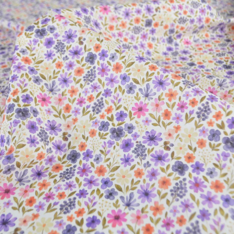 Tissu cretonne coton Rozenn motif fleurs violettes -OEKO TEX