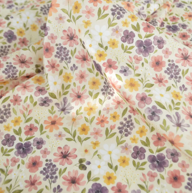Tissu cretonne coton Rozenn motif fleurs beiges et roses -OEKO TEX