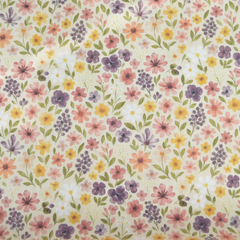 Tissu cretonne coton Rozenn motif fleurs beiges et roses -OEKO TEX