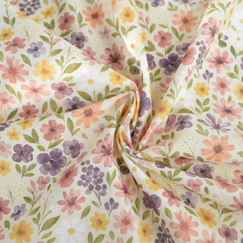 Tissu cretonne coton Rozenn motif fleurs beiges et roses -OEKO TEX