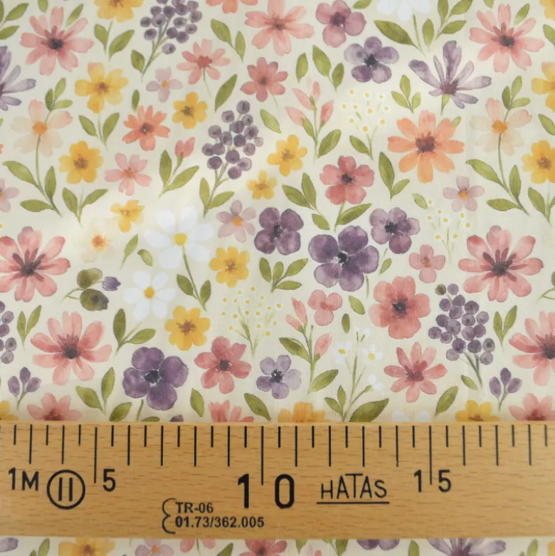Tissu cretonne coton Rozenn motif fleurs beiges et roses -OEKO TEX