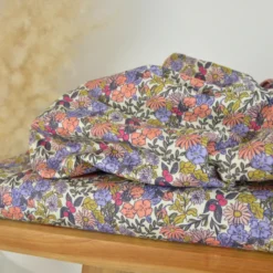 Tissu cretonne coton Seasons fleurs pêche et kaki - OEKO TEX