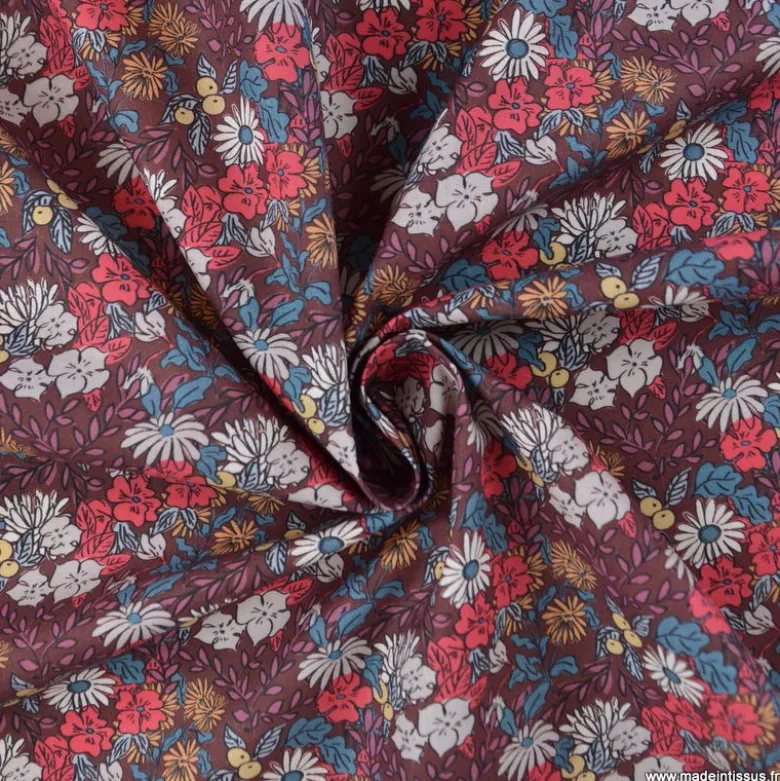 Tissu cretonne coton Seasons fleurs rouge fond chocolat - OEKO TEX