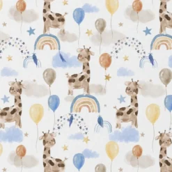 Tissu cretonne coton Sophie motifs girafes, arc en ciel et ballons fond blanc - OEKO TEX