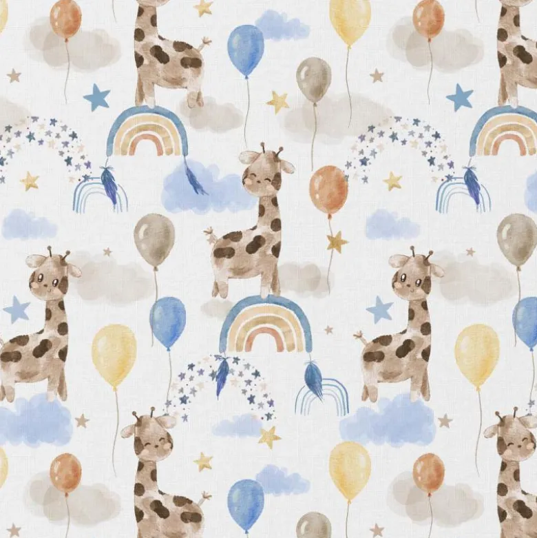 Tissu cretonne coton Sophie motifs girafes, arc en ciel et ballons fond blanc - OEKO TEX