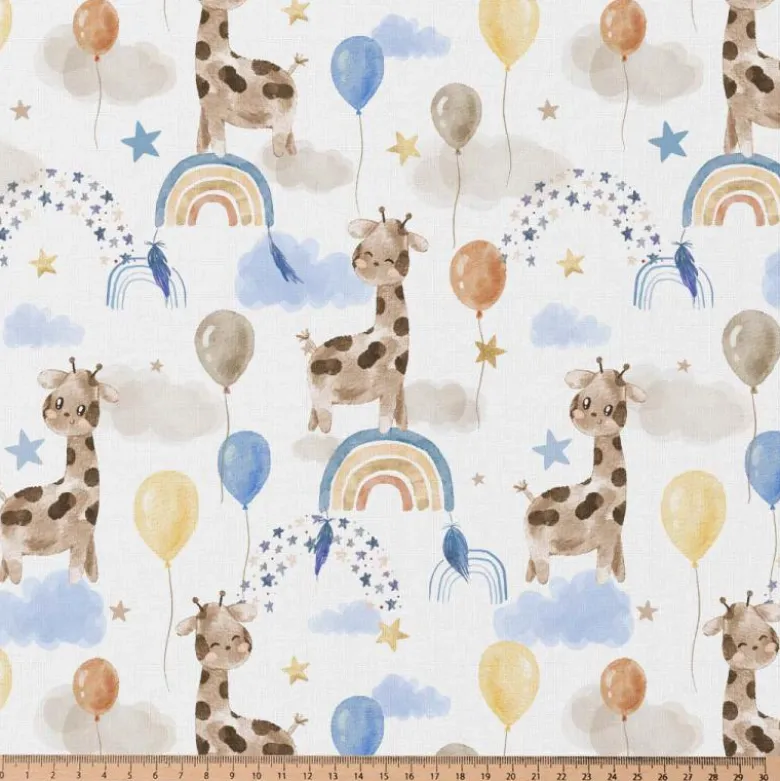Tissu cretonne coton Sophie motifs girafes, arc en ciel et ballons fond blanc - OEKO TEX