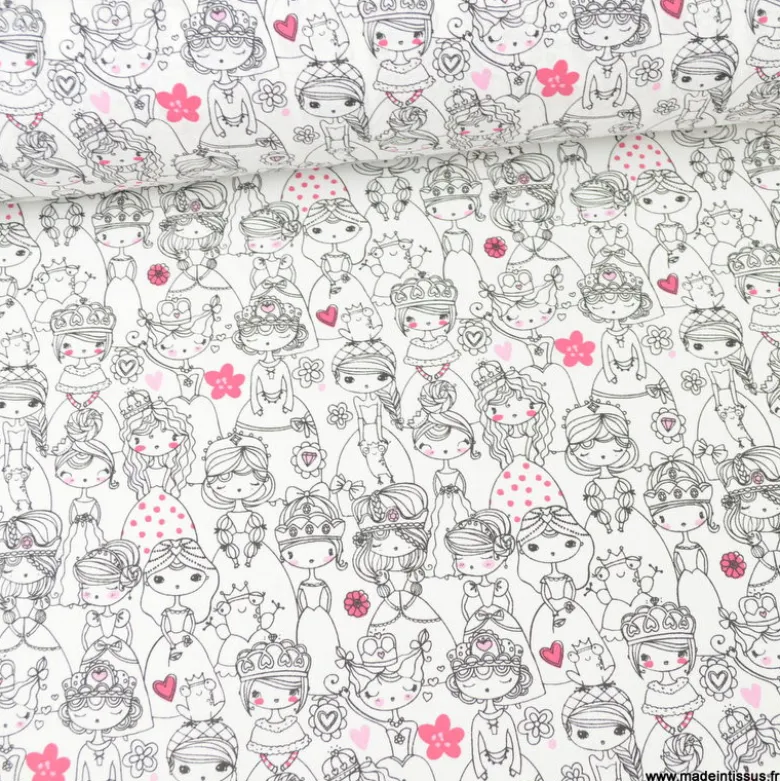 Tissu cretonne coton Stephanie motifs princesses et fées fond blanc
