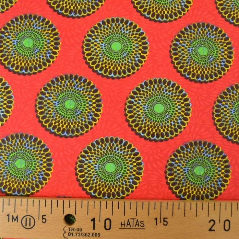 Tissu cretonne coton style wax rouge – Motif rond africain