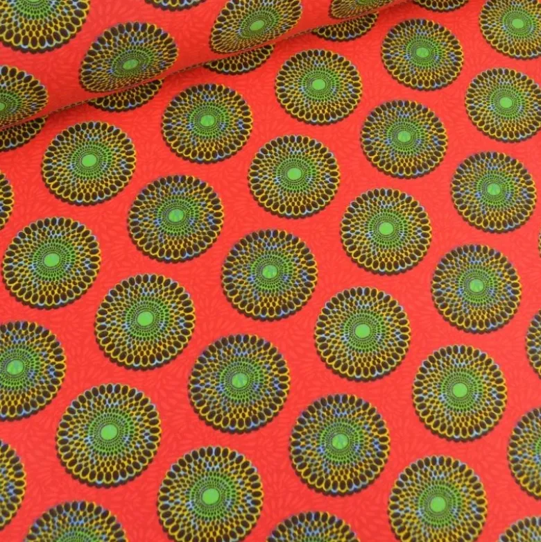 Tissu cretonne coton style wax rouge – Motif rond africain