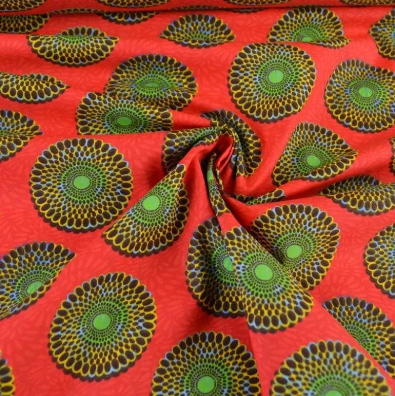 Tissu cretonne coton style wax rouge – Motif rond africain