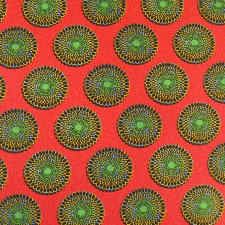 Tissu cretonne coton style wax rouge – Motif rond africain