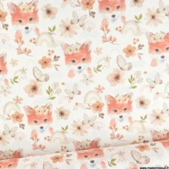 Tissu cretonne coton Tabatha motifs renards roux et fleurs - OEKO TEX