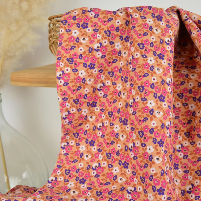 Tissu cretonne coton Thalie fleurs skin et violet - OEKO TEX