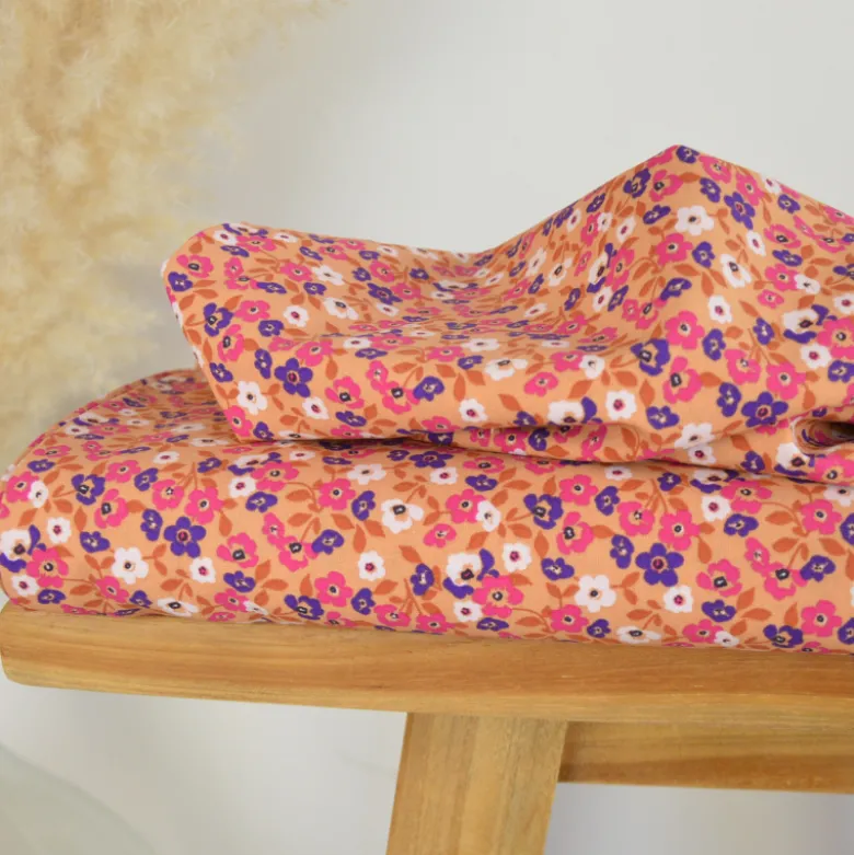 Tissu cretonne coton Thalie fleurs skin et violet - OEKO TEX