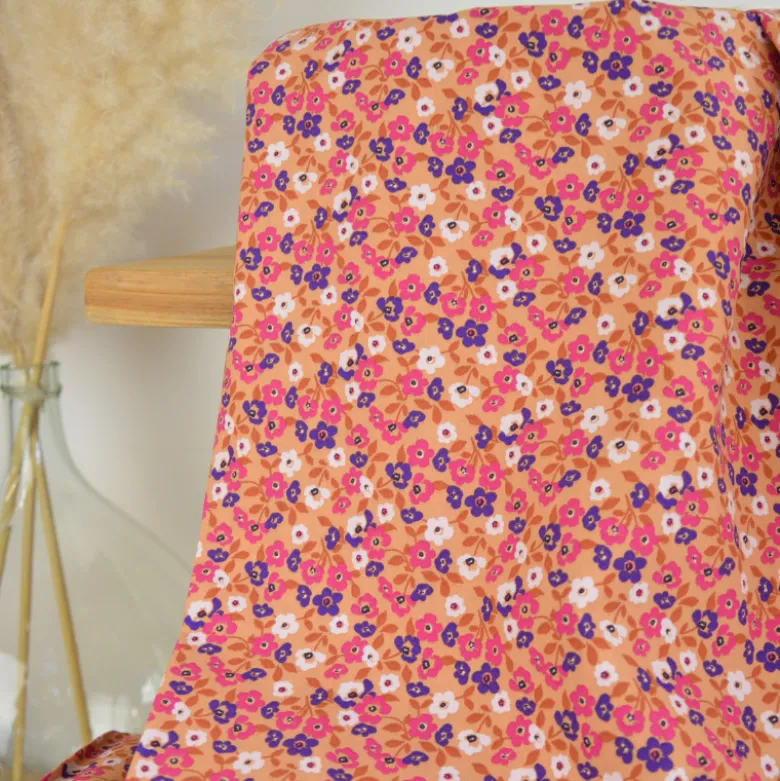 Tissu cretonne coton Thalie fleurs skin et violet - OEKO TEX