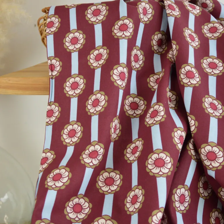 Tissu cretonne coton Tolina fleurs et rayures bordeaux et bleu - OEKO TEX