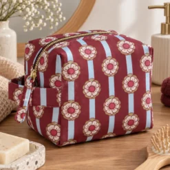 Tissu cretonne coton Tolina fleurs et rayures bordeaux et bleu - OEKO TEX