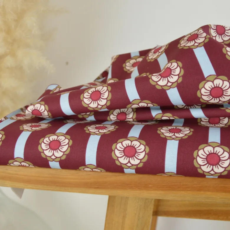 Tissu cretonne coton Tolina fleurs et rayures bordeaux et bleu - OEKO TEX