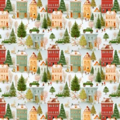 Tissu cretonne coton village de Noël enneigé – Vert et rouge