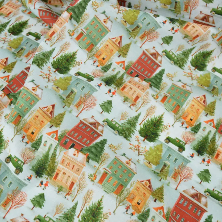 Tissu cretonne coton village de Noël enneigé – Vert et rouge