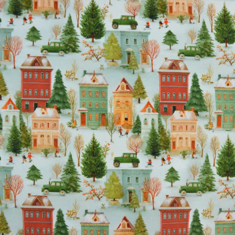 Tissu cretonne coton village de Noël enneigé – Vert et rouge