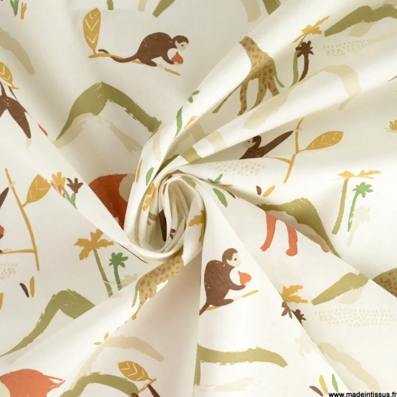 Tissu cretonne coton Zambia motif animaux de la jungle fond blanc cassé-OEKO TEX