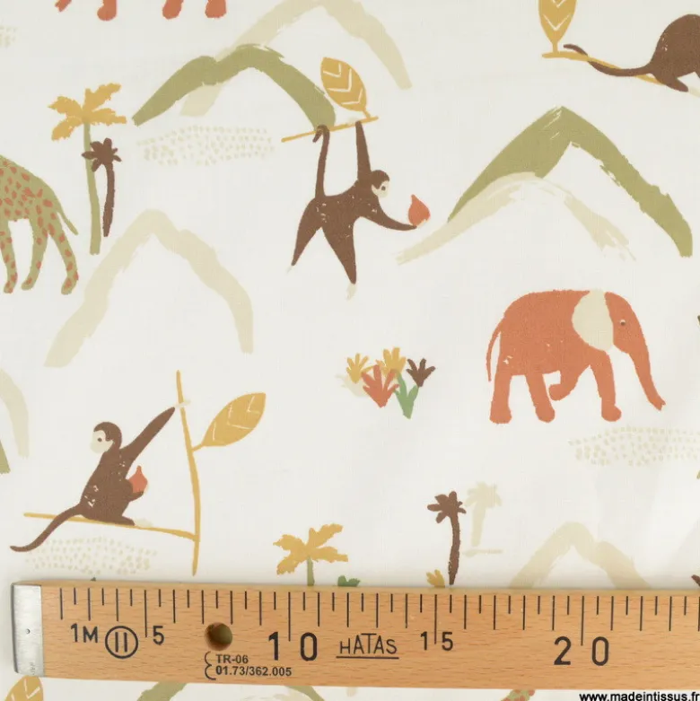 Tissu cretonne coton Zambia motif animaux de la jungle fond blanc cassé-OEKO TEX