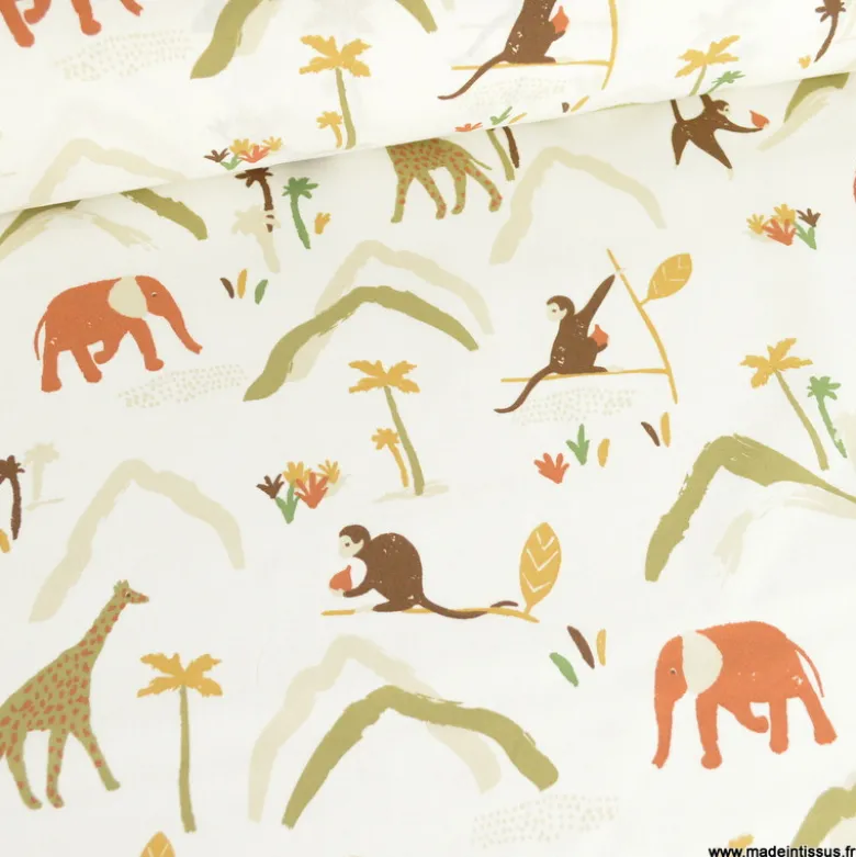 Tissu cretonne coton Zambia motif animaux de la jungle fond blanc cassé-OEKO TEX