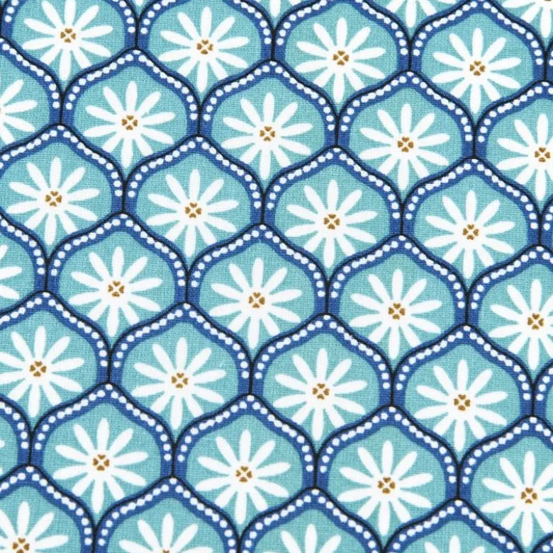Tissu cretonne coton Zea motif graphique fleuri turquoise