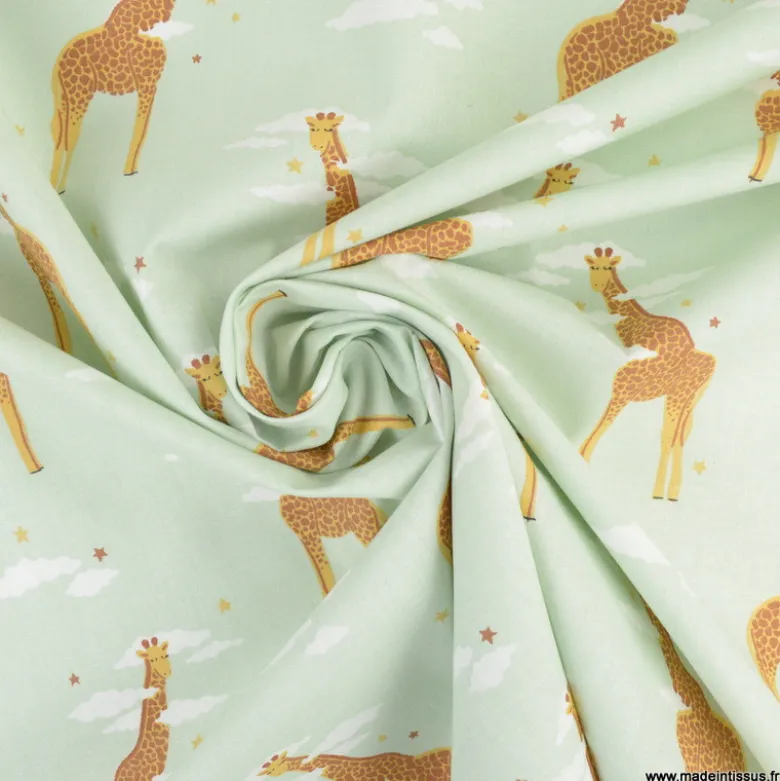 Tissu cretonne coton Zefira motif girafes fond menthe -OEKO TEX