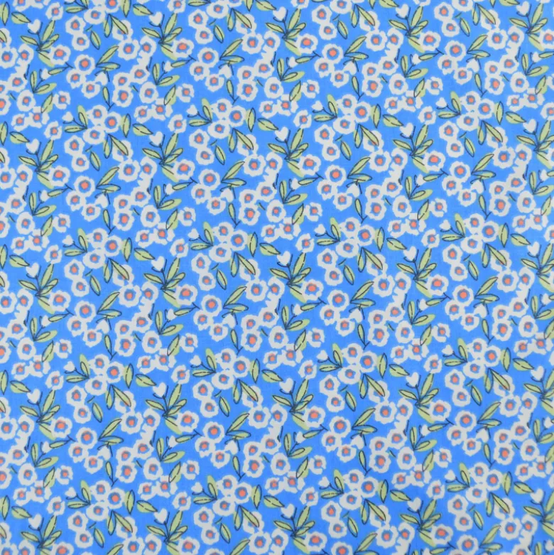 Tissu Cretonne de Coton Fitzia - Motif Petites Fleurs fond bleu
