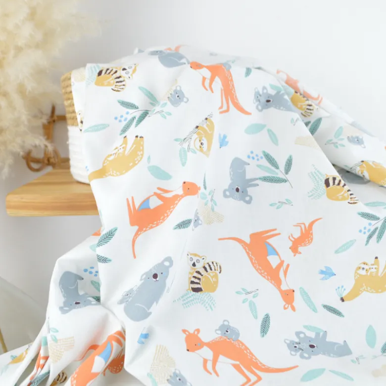 Tissu Cretonne de Coton Kangoa - Motif Kangourous & Fleurs