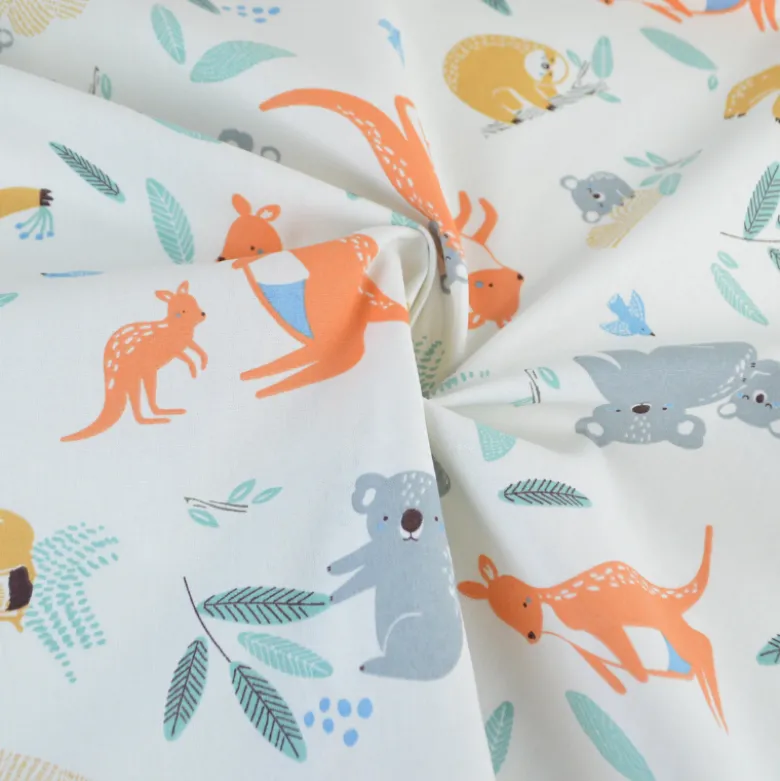 Tissu Cretonne de Coton Kangoa - Motif Kangourous & Fleurs