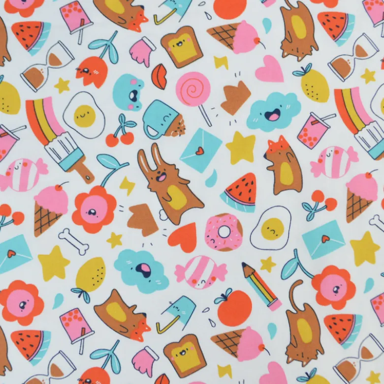 Tissu Cretonne de Coton Kawi - Motif Kawaii Multicolore