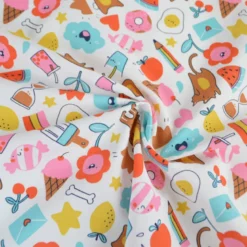 Tissu Cretonne de Coton Kawi - Motif Kawaii Multicolore