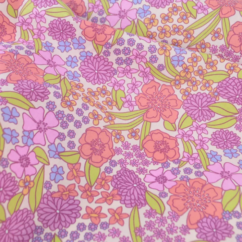 Tissu Cretonne de Coton Myrta - Motif Floral Violet, Rose et Orangé