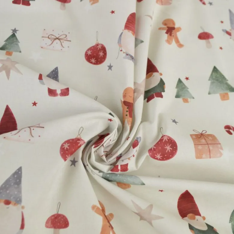 Tissu cretonne de coton Noël – gnomes, sapins et étoiles écru/rouge