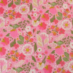 Tissu Cretonne de Coton Ostache - Motif Fleurs & Fraises Rose Fuchsia
