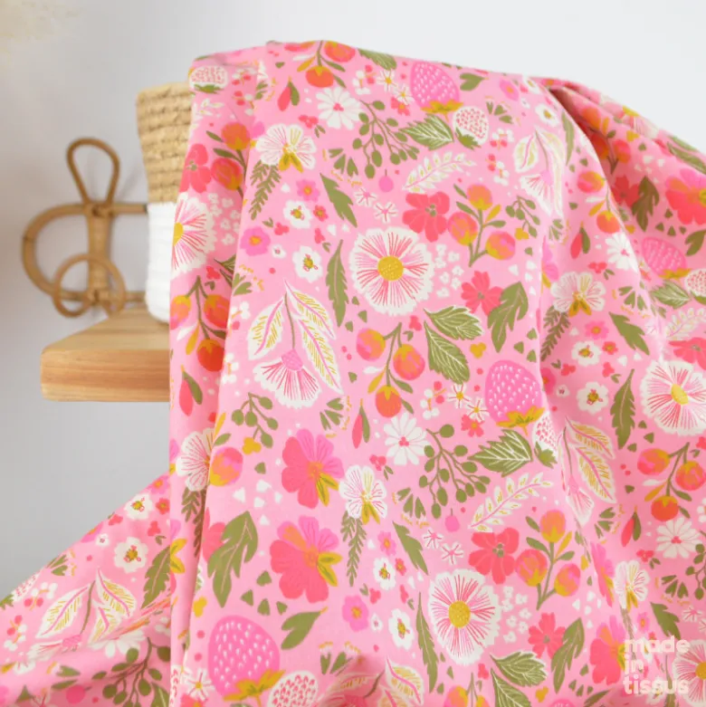 Tissu Cretonne de Coton Ostache - Motif Fleurs & Fraises Rose Fuchsia