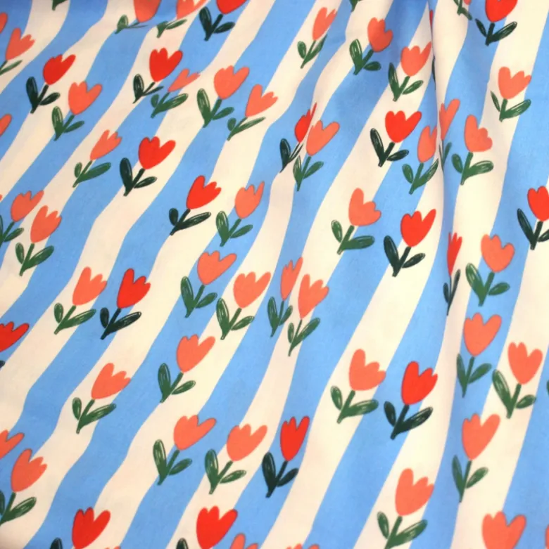 Tissu Cretonne de Coton Tulip motif tulipes et rayures bleues